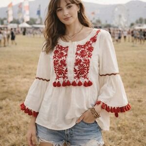 Crown & Ivy Embroidered Boho Peasant Top Tassel Sleeve Cream Red Women's Large